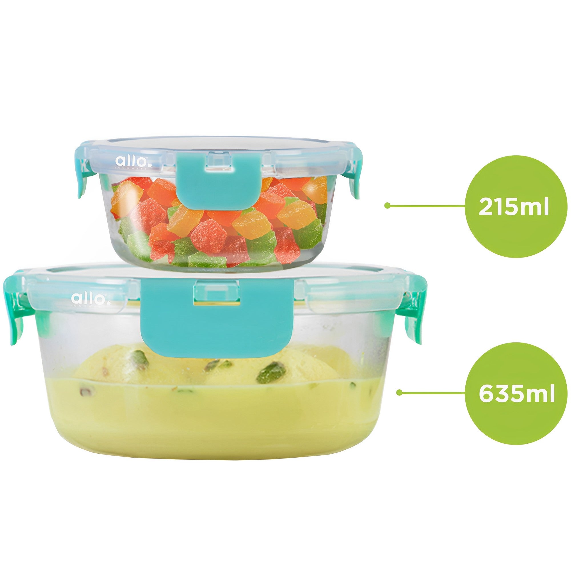 Allo Food Safe Glass Containers with Lids with Break Free Lock, Microwave Safe Containers, Borosilicate Meal Prep Glass Food Storage Containers for Kitchen, Set of 2, 215ml, 635ml, Round