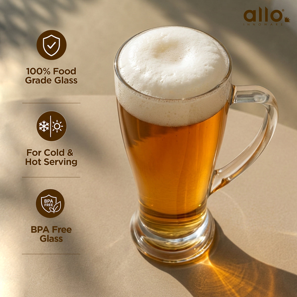 Allo Beer Mug And Drinking Glass Mugs, Set Of 2, 290 ml Each, Serves Beer, Juice, Mocktail, Alcohol, Cocktail, Drinking Glass With Handle | Gift Set Packaging | Transparent Pilsner Glass