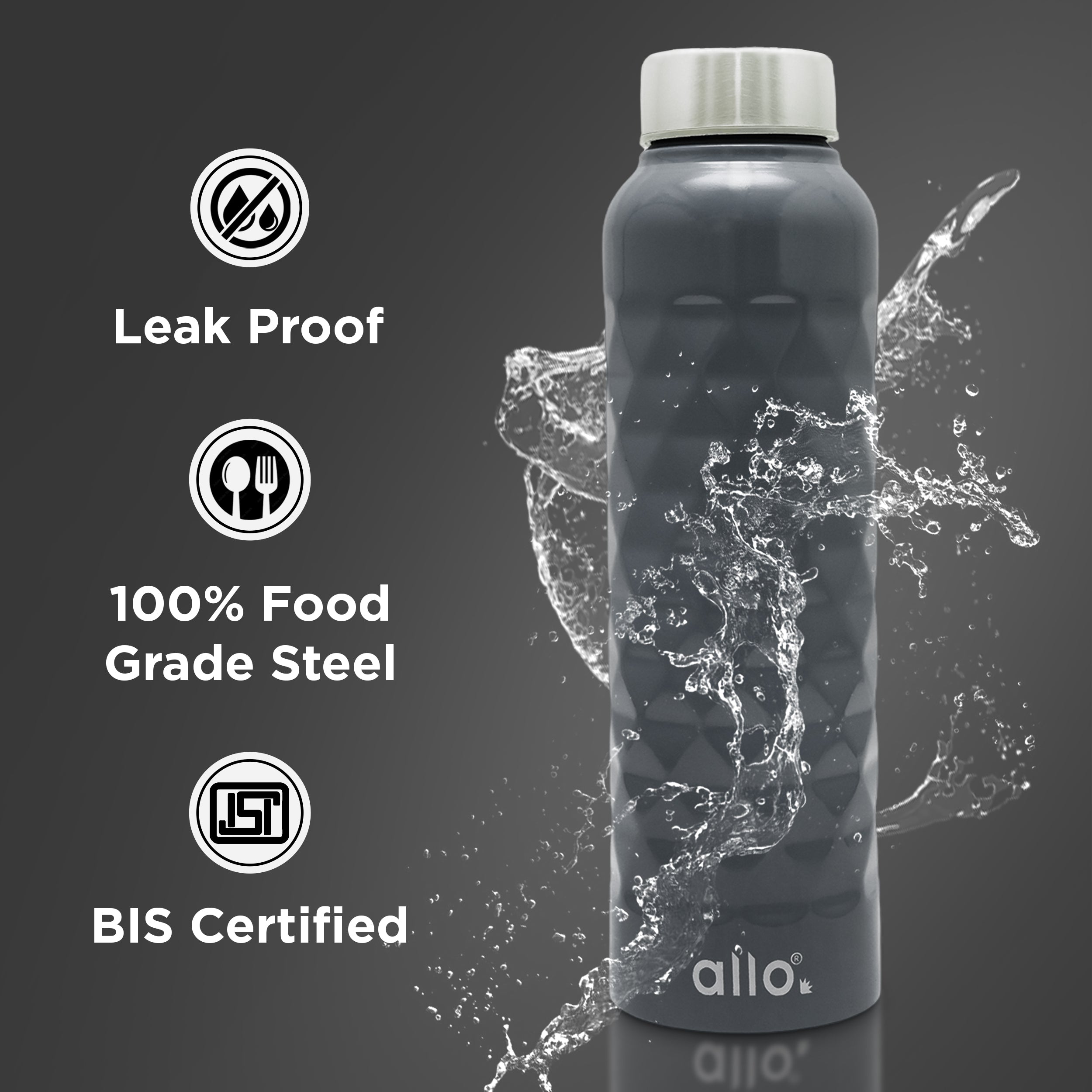 Allo Steel Water Bottles Stainless Steel Sipper Water Bottle for adults, kids 0.95 Litre Water Bottles for School, Office, Sports, Gym 950ML Water Bottle for Men and women, Dark Grey 950ml