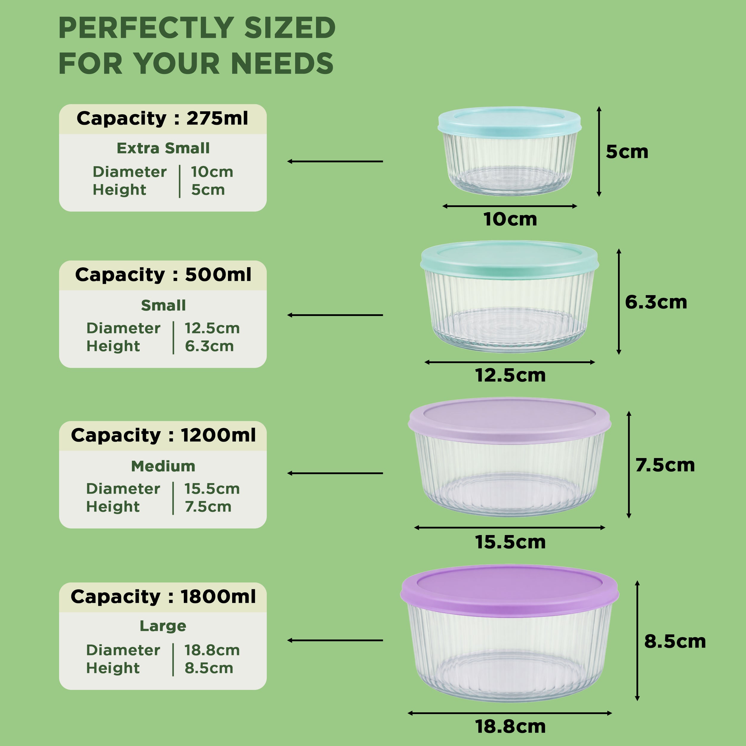 Allo Foodsafe Glass Containers With Lids, Microwave Safe Containers, Borosilicate Meal Prep, Airtight Glass Food Storage Containers For Kitchen, Freezer Safe, Set Of 4, 275ml, 500ml, 1200ml, 1800ml
