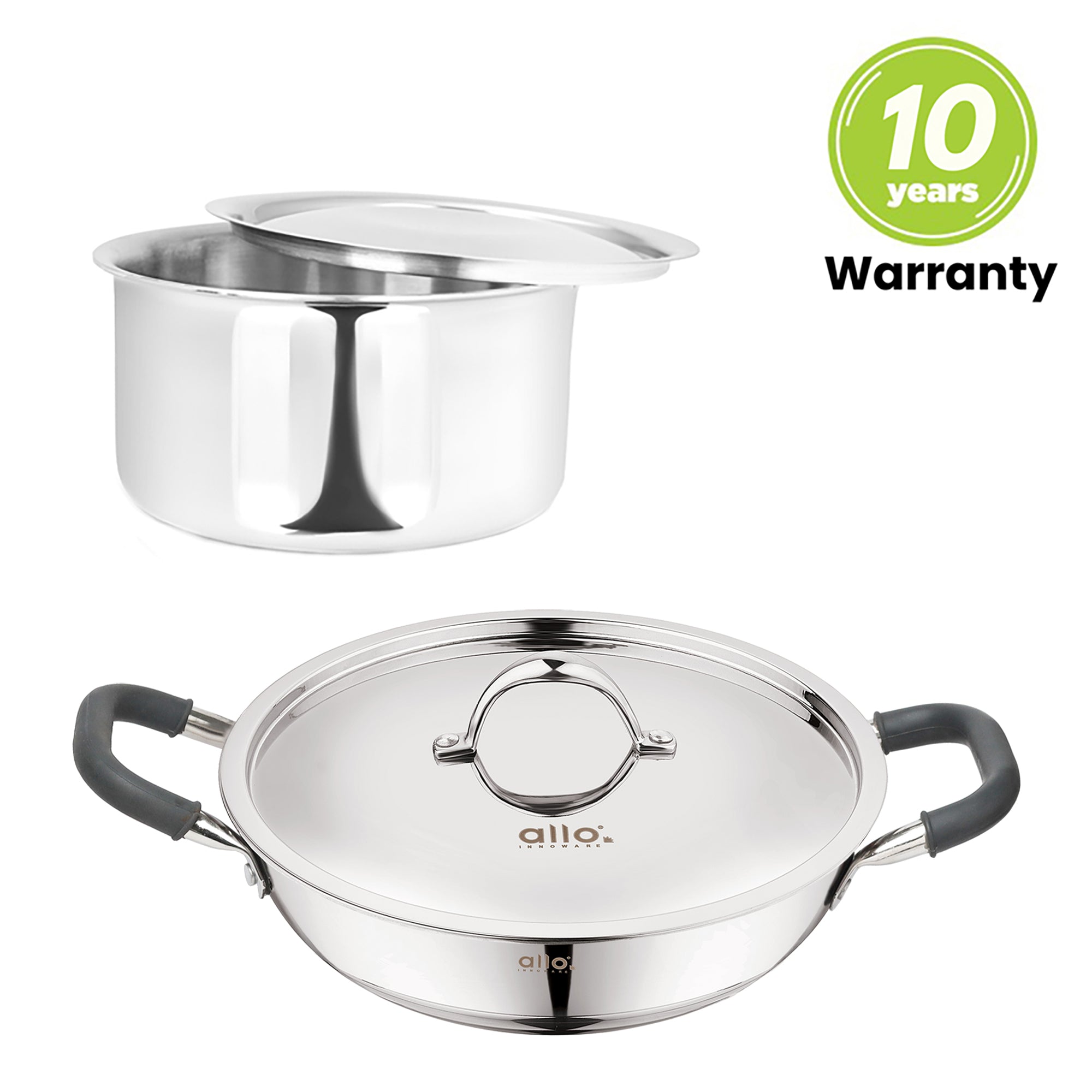 Allo CookSafe TriPly Stainless Steel Kadhai & Tope 2pcs Combo Set of 3 Litres Kadhai with Lid and 3.8 Litres Tope with Lid - Induction Friendly - Naturally Non-Stick, 26Cm & 20Cm