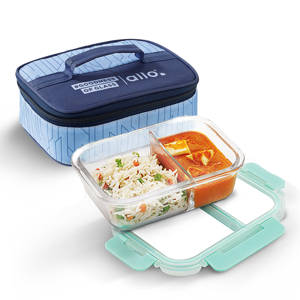 Allo FoodSafe 580ml x 1 Glass Microwave 450°C Oven Safe Lunch Box with Break Free Detachable Lock | High Borosilicate | Office Tiffin with Space Blue Flat Bag | Rectangle Divider