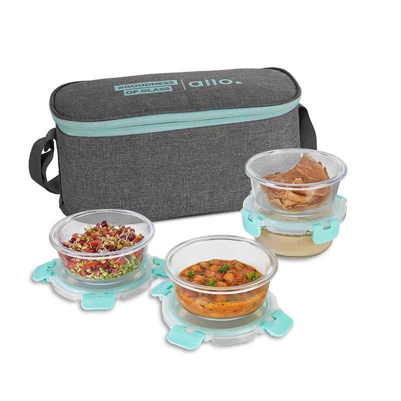 390ml X 4 Allo FoodSafe Microwave Oven Safe Glass Lunch box with Break Free Detachable Lock with Canvas Grey Bag Tiffin
