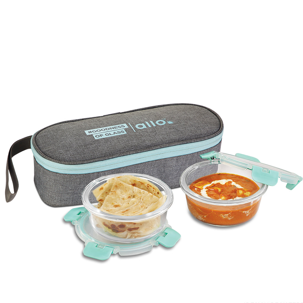 390ml x 2 Allo FoodSafe Microwave Oven Safe Glass Lunch box with Break Free Detachable Lock with Canvas Grey Bag Tiffin