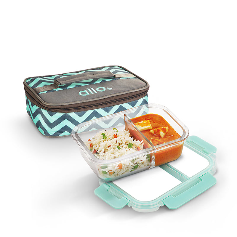 580ml Allo FoodSafe Microwave Oven Safe Glass Lunch box with Break Free Detachable Lock with Canvas Grey Bag Tiffin