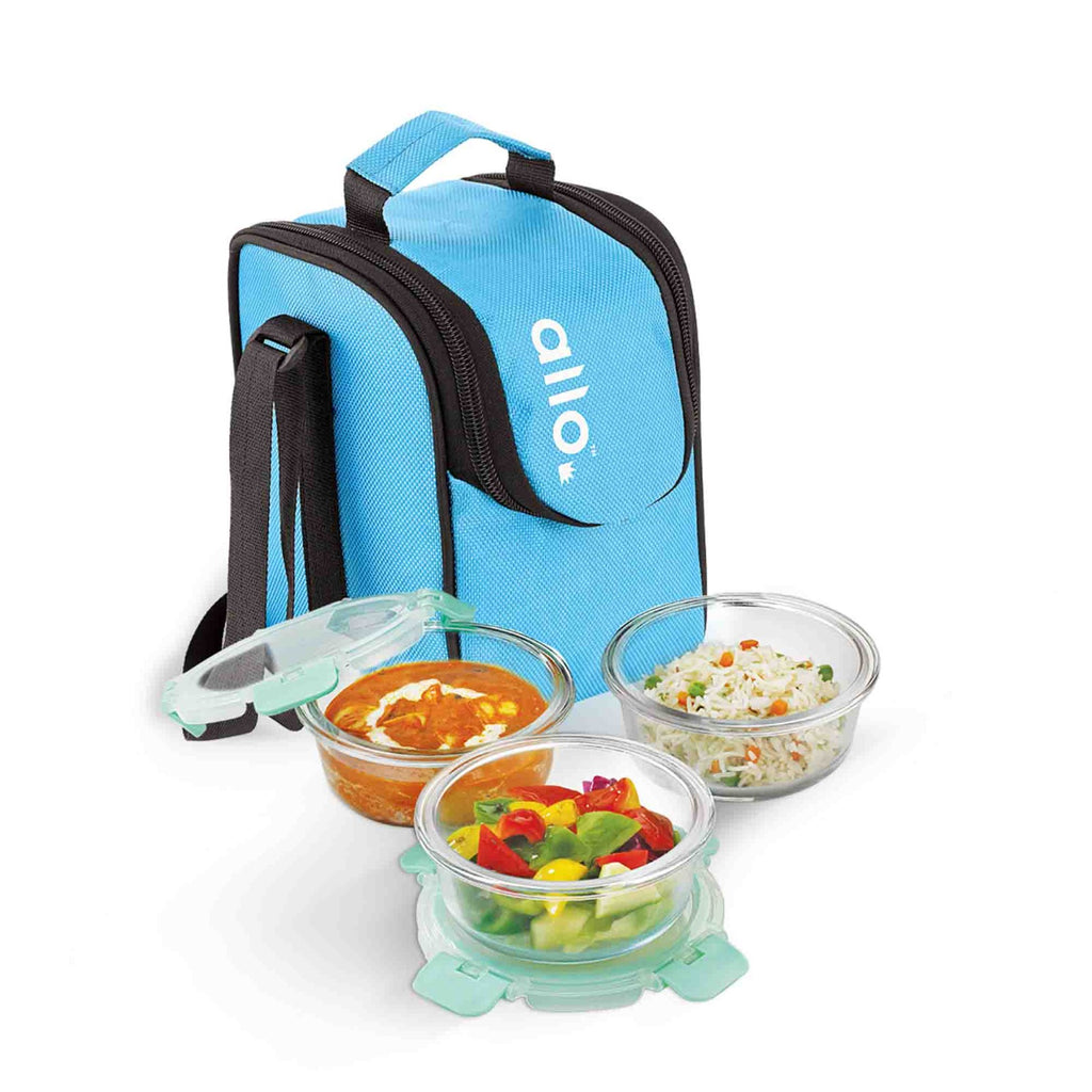 390ml x 3 Allo FoodSafe Microwave Oven Safe Glass Lunch box with Break Free Detachable Lock with Sky Blue Bag Tiffin