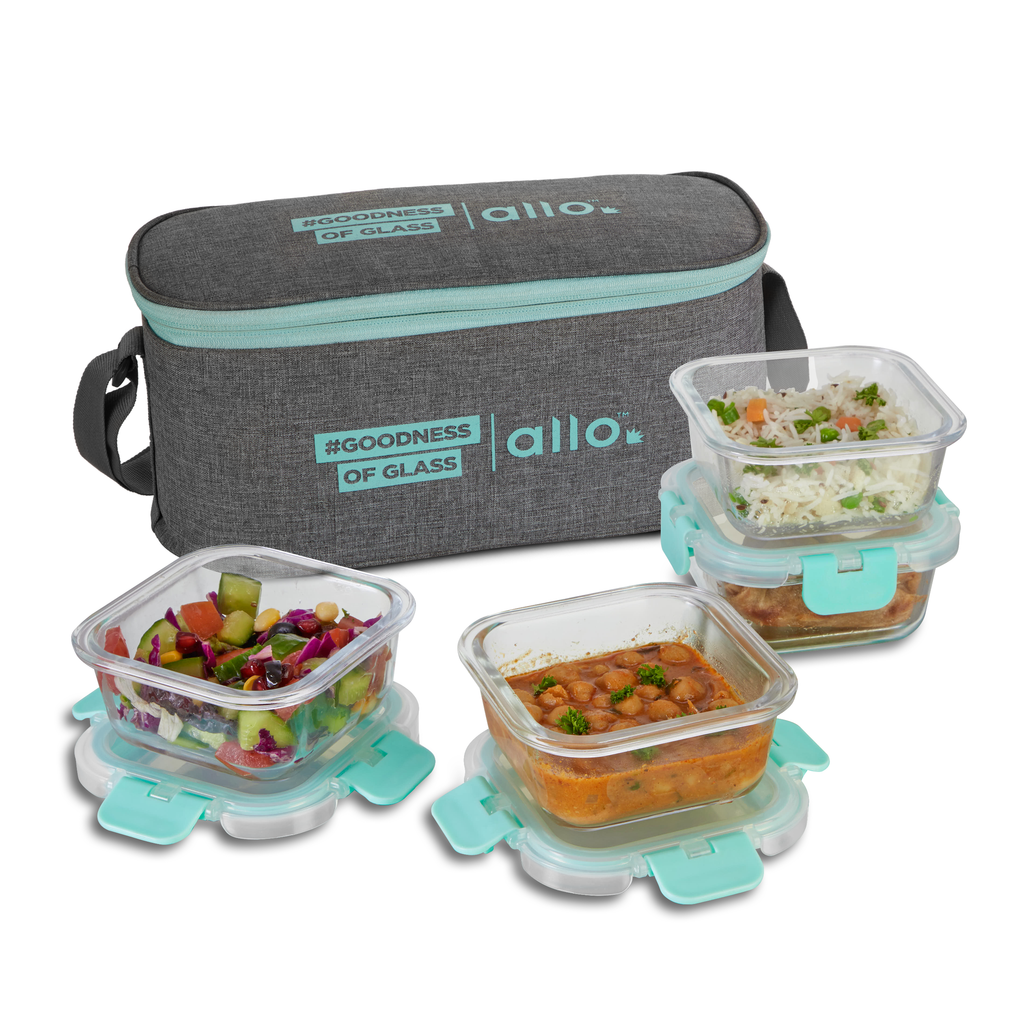 310ml X 4 Allo FoodSafe Microwave Oven Safe Glass Lunch box with Break Free Detachable Lock with Canvas Grey Bag Tiffin