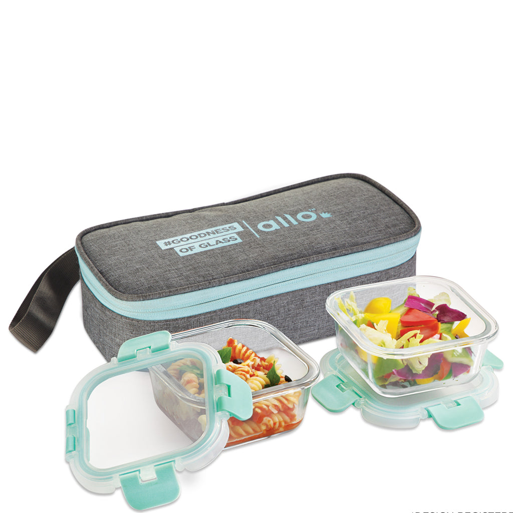 310ml x 2 Allo FoodSafe Microwave Oven Safe Glass Lunch box with Break Free Detachable Lock with Canvas Grey Bag Tiffin