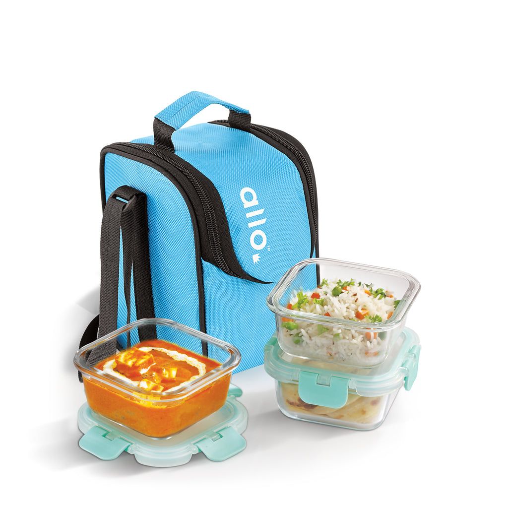 310ml x 3 Allo FoodSafe Microwave Oven Safe Glass Lunch box with Break Free Detachable Lock with Sky Blue Bag Tiffin