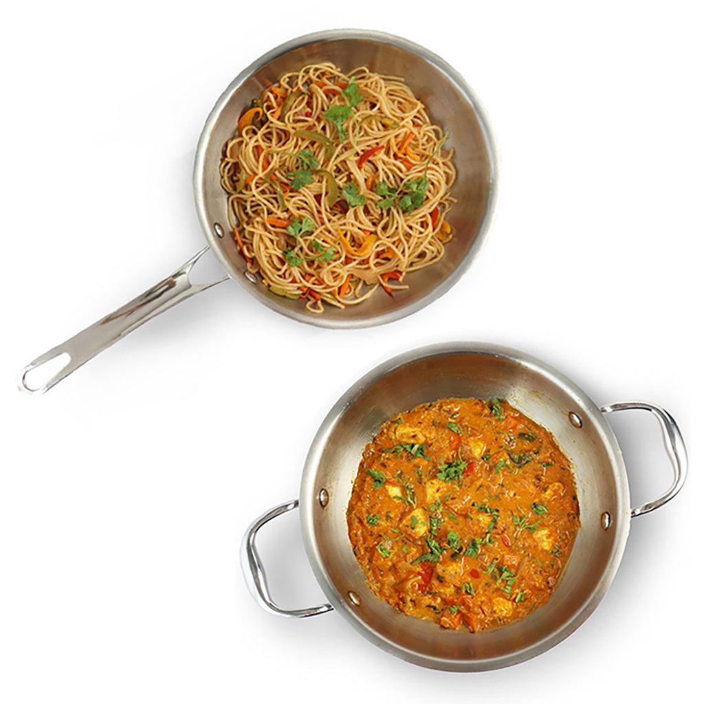 Allo CookSafe TriPly Stainless Steel Kadhai & Frypan 2pcs Combo Set of 2.7 Litres Kadhai with Lid and 1.5 litres Frypan without Lid - Induction Friendly - Naturally Non-Stick, 24Cm & 22Cm