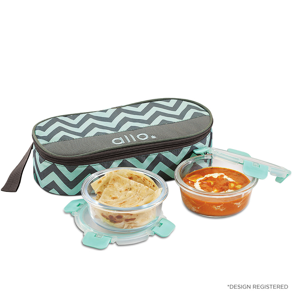 390ml x 2 Allo FoodSafe Microwave Oven Safe Glass Lunch box with Break Free Detachable Lock with Chevron Mint Bag Tiffin